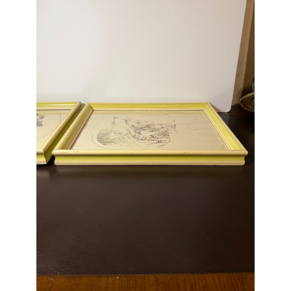 Vintage Tara Signed Wildlife Art Prints Set 2 Tiger Elephant Framed 11x13 Green - Picture 14 of 16